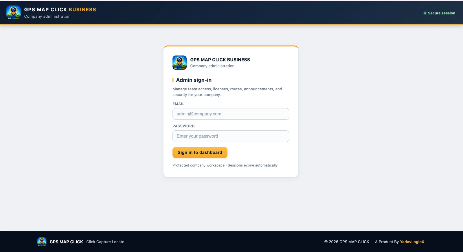 GPS MAP CLICK Business administrator sign-in screen for secure company workspace access