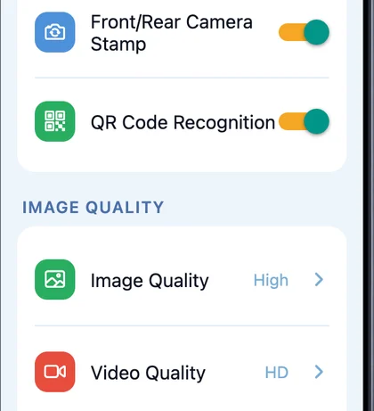Actual camera settings showing image and video quality options