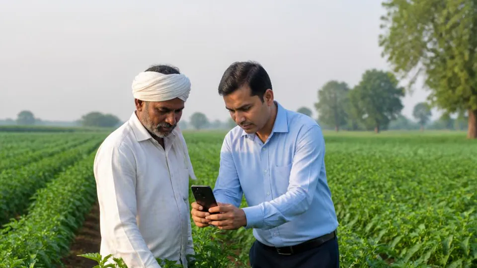 Farmer and agronomist examining a crop during a field survey