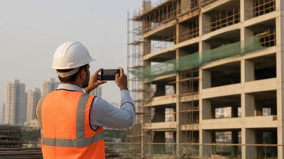 Engineer photographing building construction progress at a site