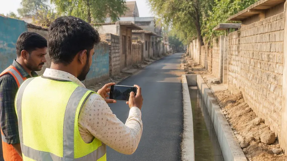 Field inspector photographing a village road and drainage project