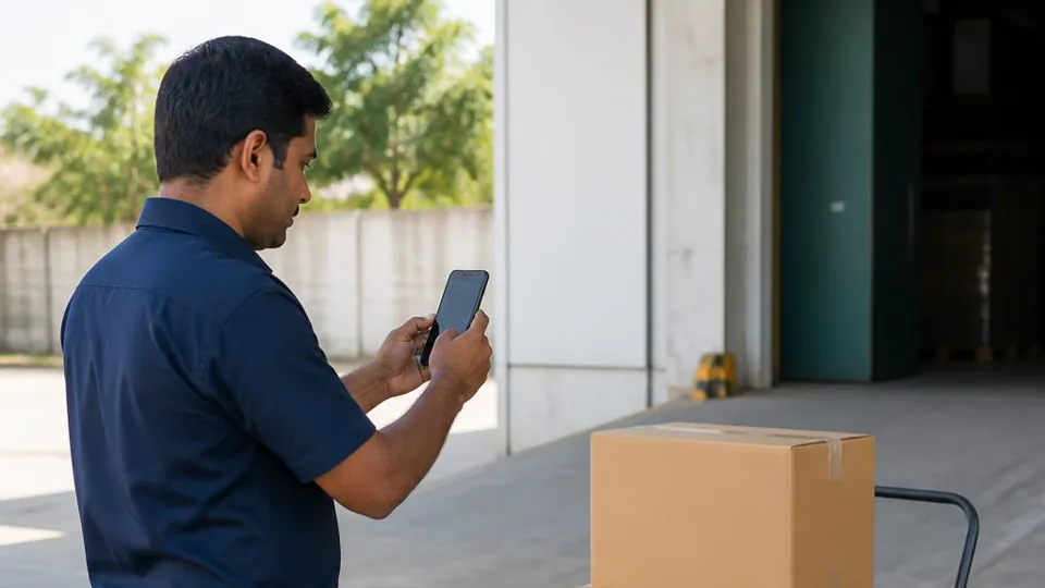 Delivery worker photographing unmarked parcels outside a warehouse