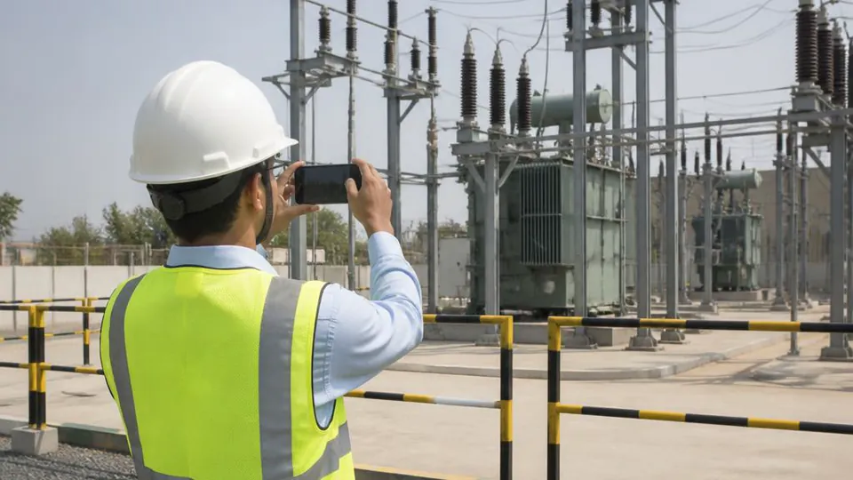 Utility technician photographing secured electrical infrastructure from outside a safety barrier