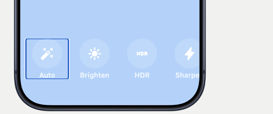Auto, Brighten, HDR, Sharpen filters