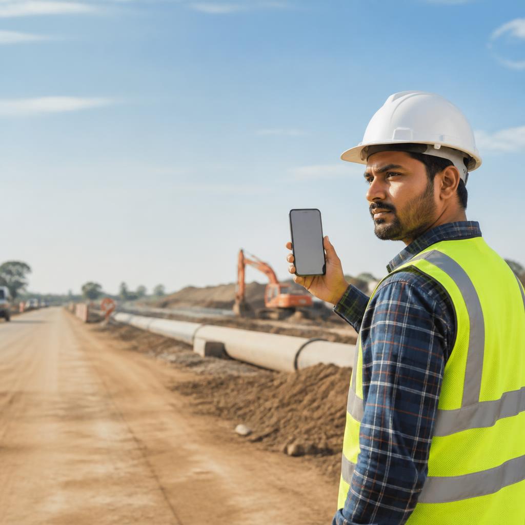 Field engineer documenting pipeline work with a smartphone