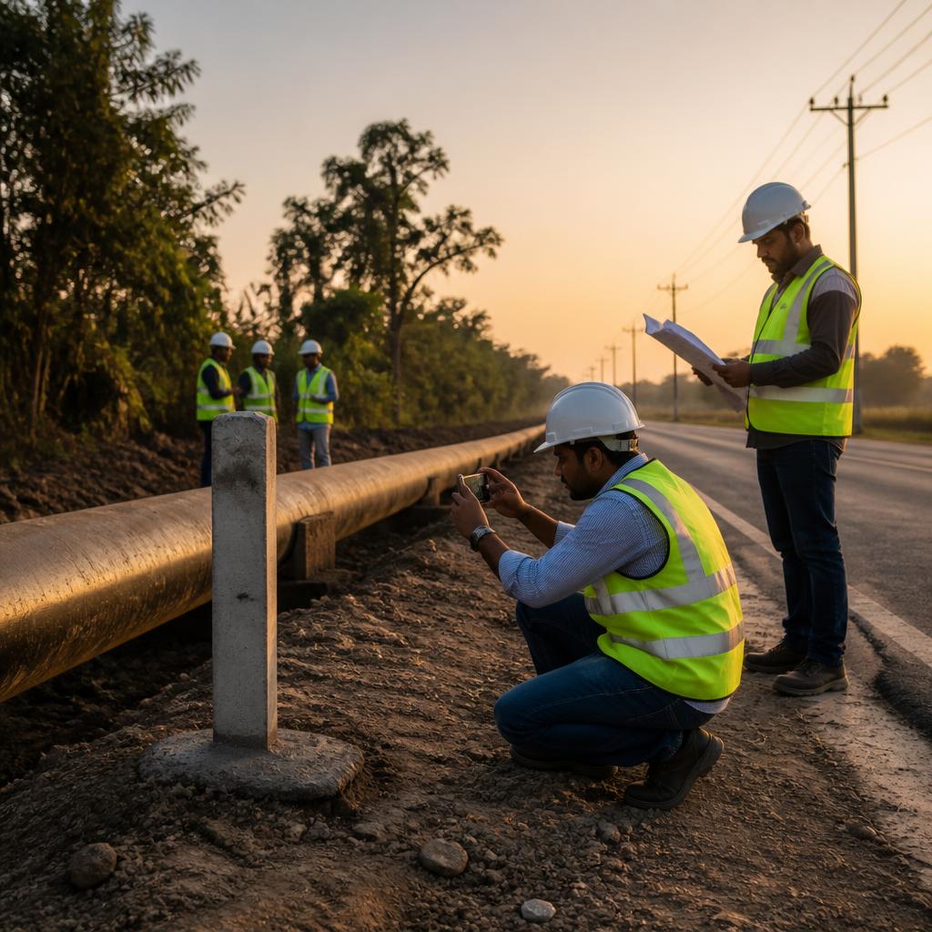 Infrastructure team verifying pipeline work at a roadside site